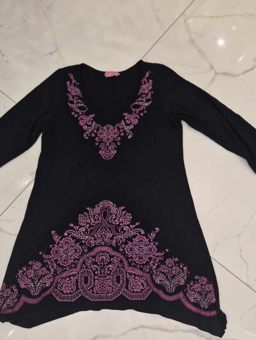 Black Long-Sleeve Dress with Pink Embroidered Motif
